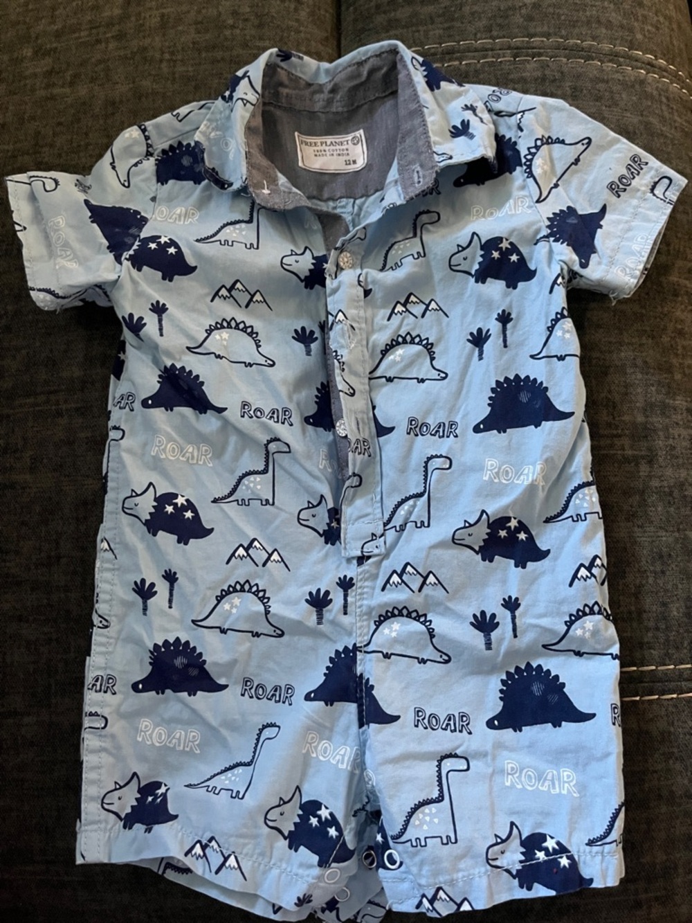 Free Planet Light Blue & Navy Dinosaur Button Romper